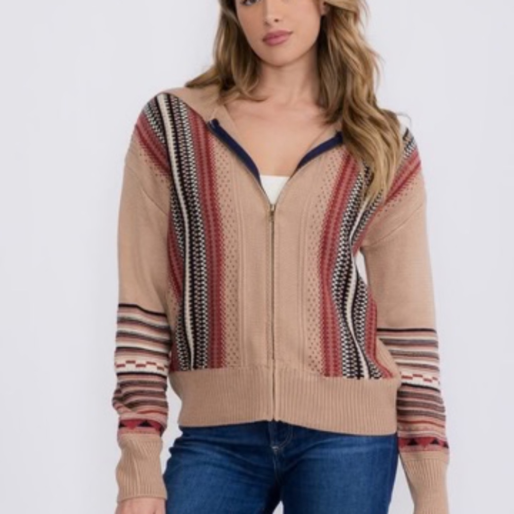 Zippered Cardigan Stripped Pattern